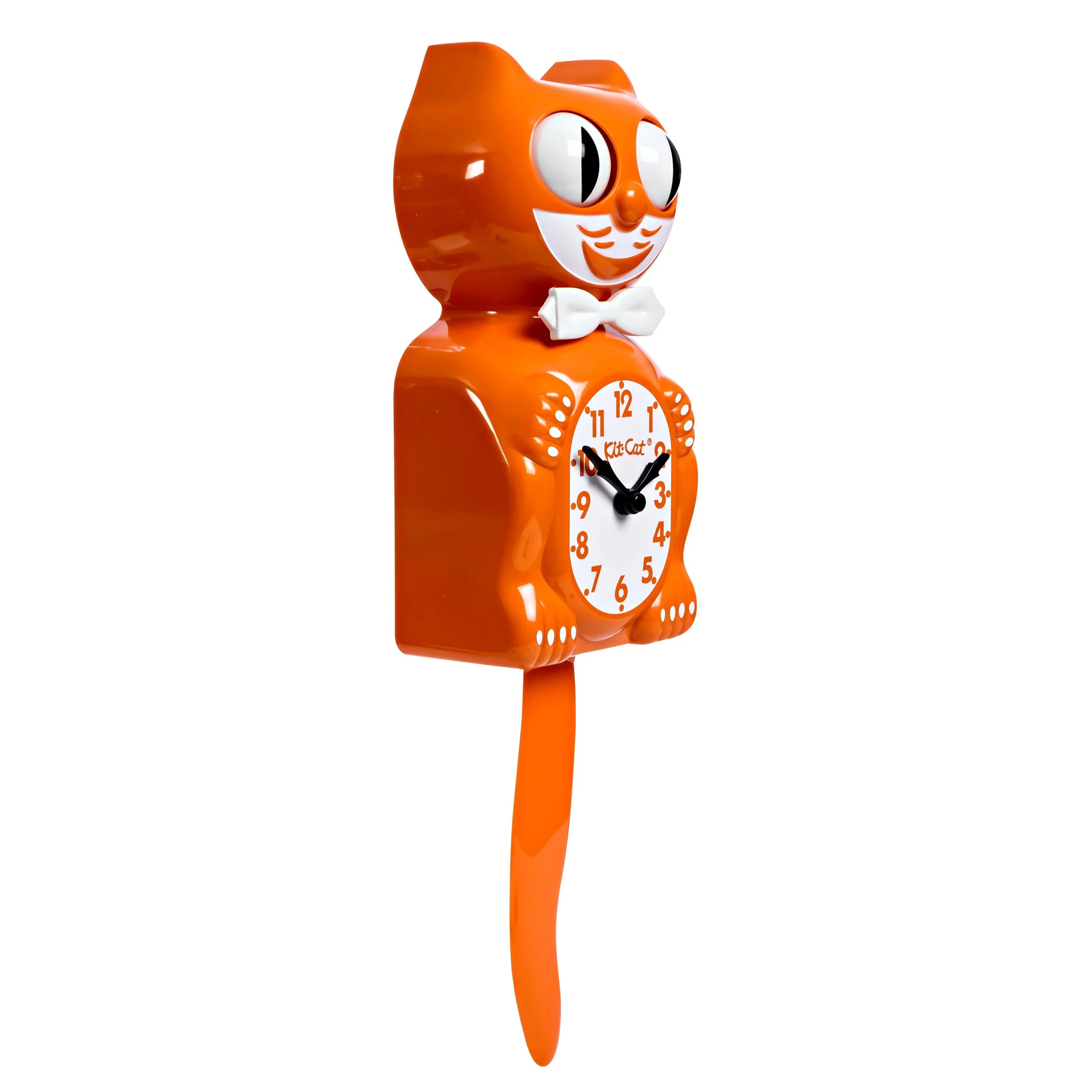 Orange Harvest Kit-Cat Klock in glossy orange with black bow tie, moving eyes and wagging tail, available at Goosebump Hong Kong.