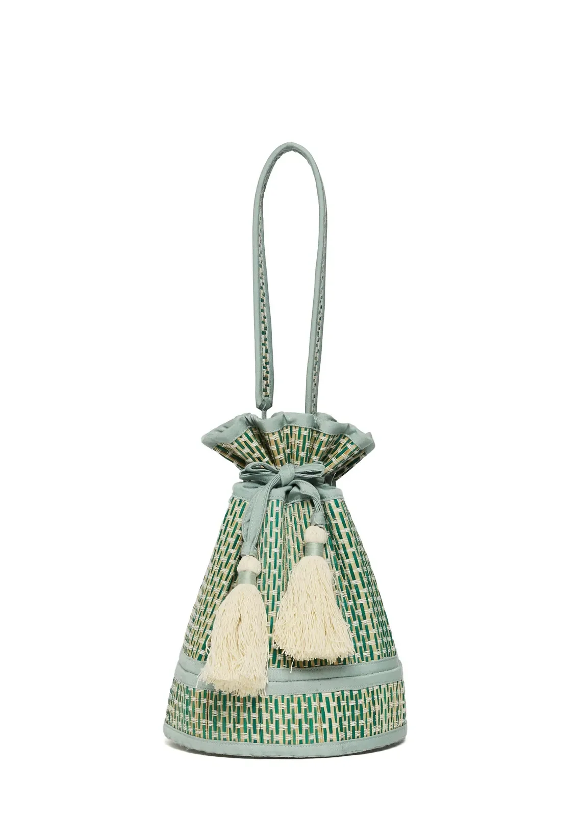 Lorna Murray Fiji Mini Leisure Tote front view in handwoven natural grass fibres with a drawstring closure.