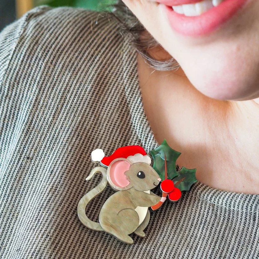 Erstwilder Milly the Mouse Brooch with Santa hat and holly, festive resin pin for cute Christmas outfits, available at Goosebump Hong Kong