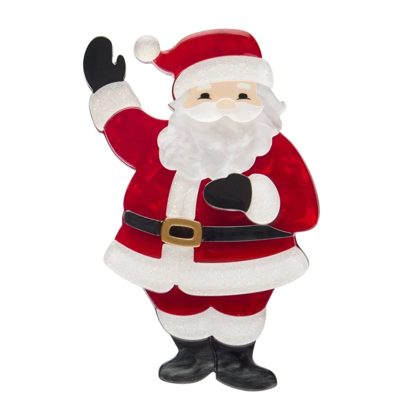 Erstwilder Santa’s Surprise brooch featuring classic Santa waving in red suit. Festive handmade resin accessory, limited edition and exclusive at Goosebump Hong Kong.