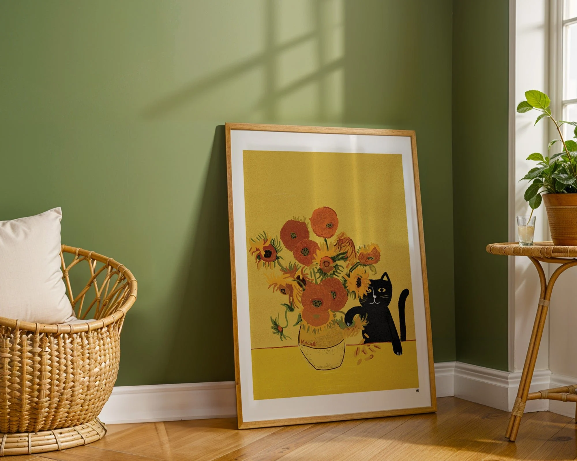 Sunflower Vase Cat Art Print A4 by NIASKI, Van Gogh inspired sunflower cat wall art print for cheerful home decor and art lover gifts at Goosebump Hong Kong
