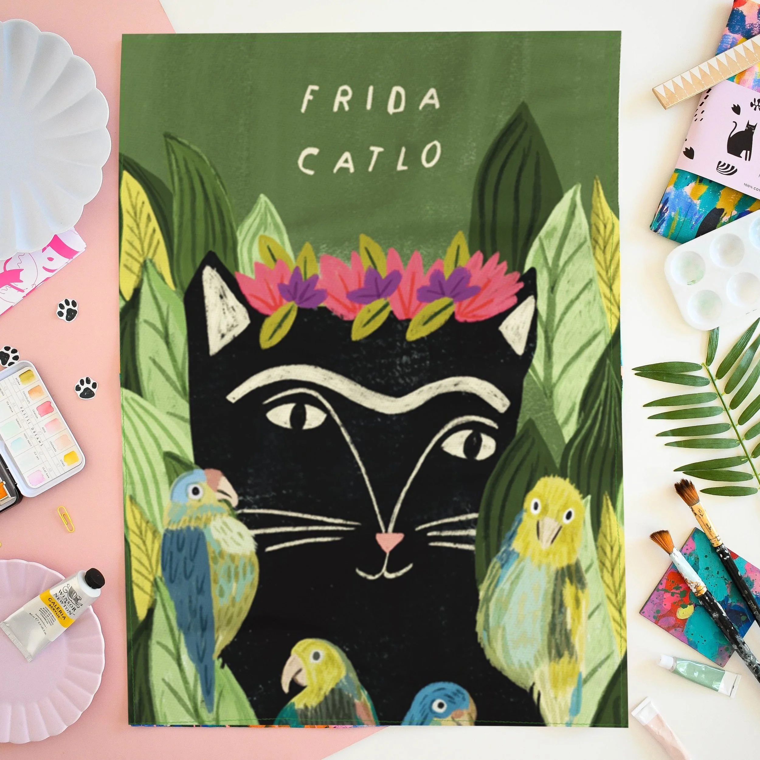 Frida Catlo Cat Tea Towel by NIASKI, 100% cotton Cats in Art kitchen towel and art-inspired home gift for cat lovers at Goosebump Hong Kong