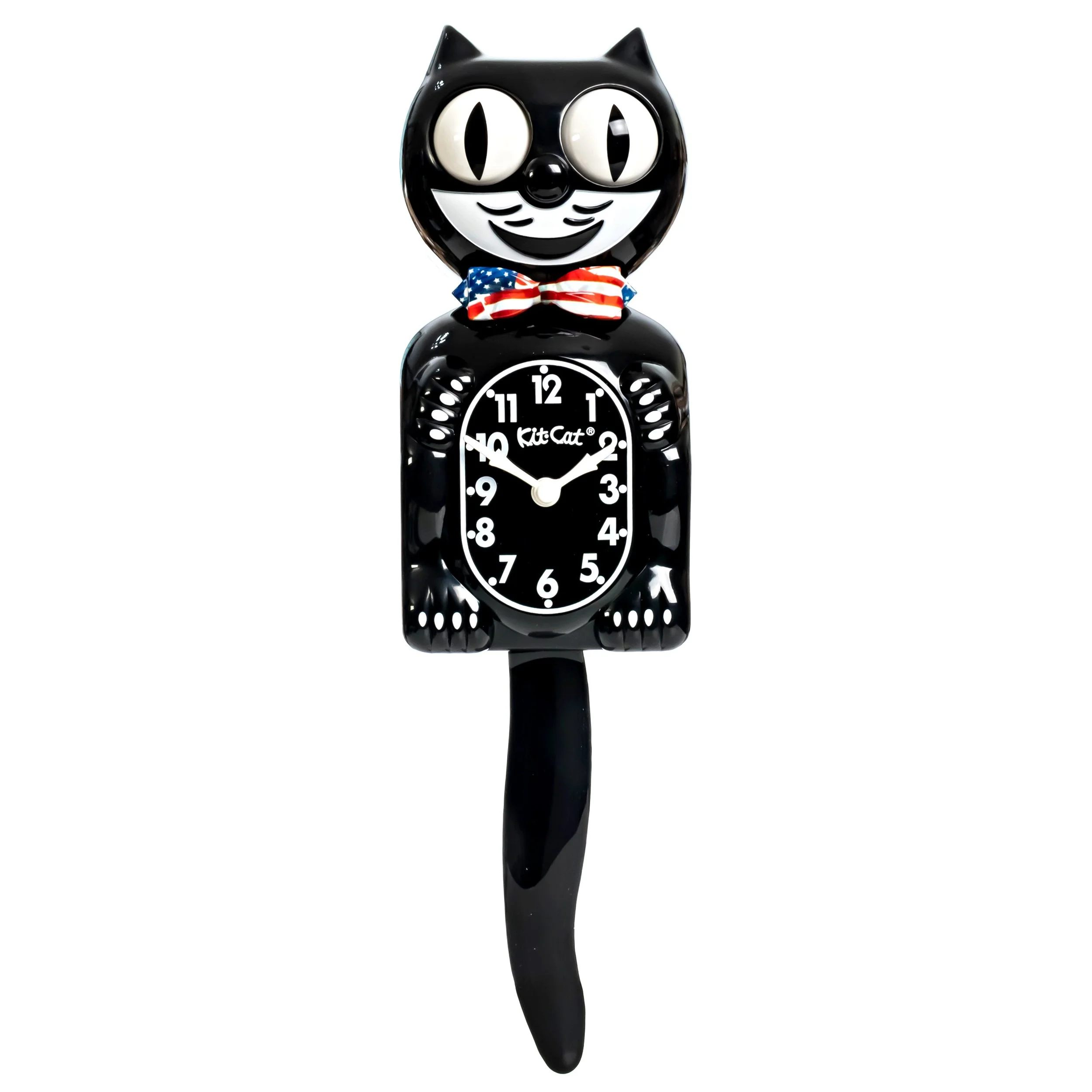 Kit-Cat Klock Stars & Stripes Limited Edition black wall clock with American flag patterned bow tie, rolling eyes and wagging tail