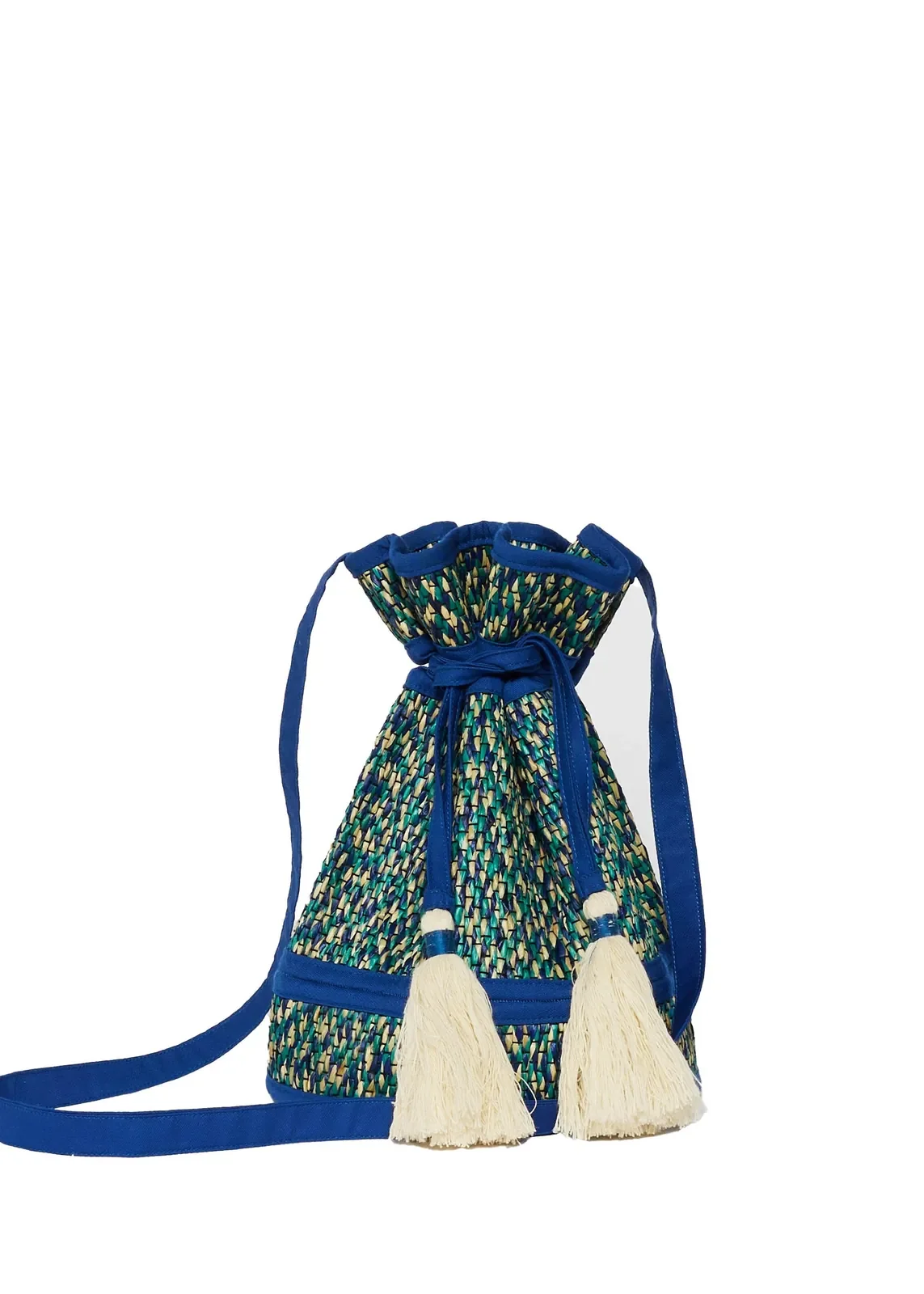 Back view of the Lorna Murray Skyline Mini Leisure Tote featuring handcrafted natural grass fibre weaving and a long crossbody strap.