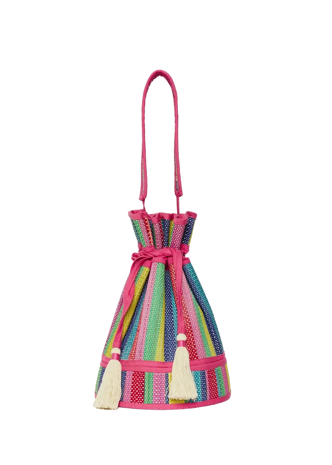 Lorna Murray Resort Party Fuchsia Midi Leisure Tote front view in handwoven natural grass fibres with a drawstring closure.