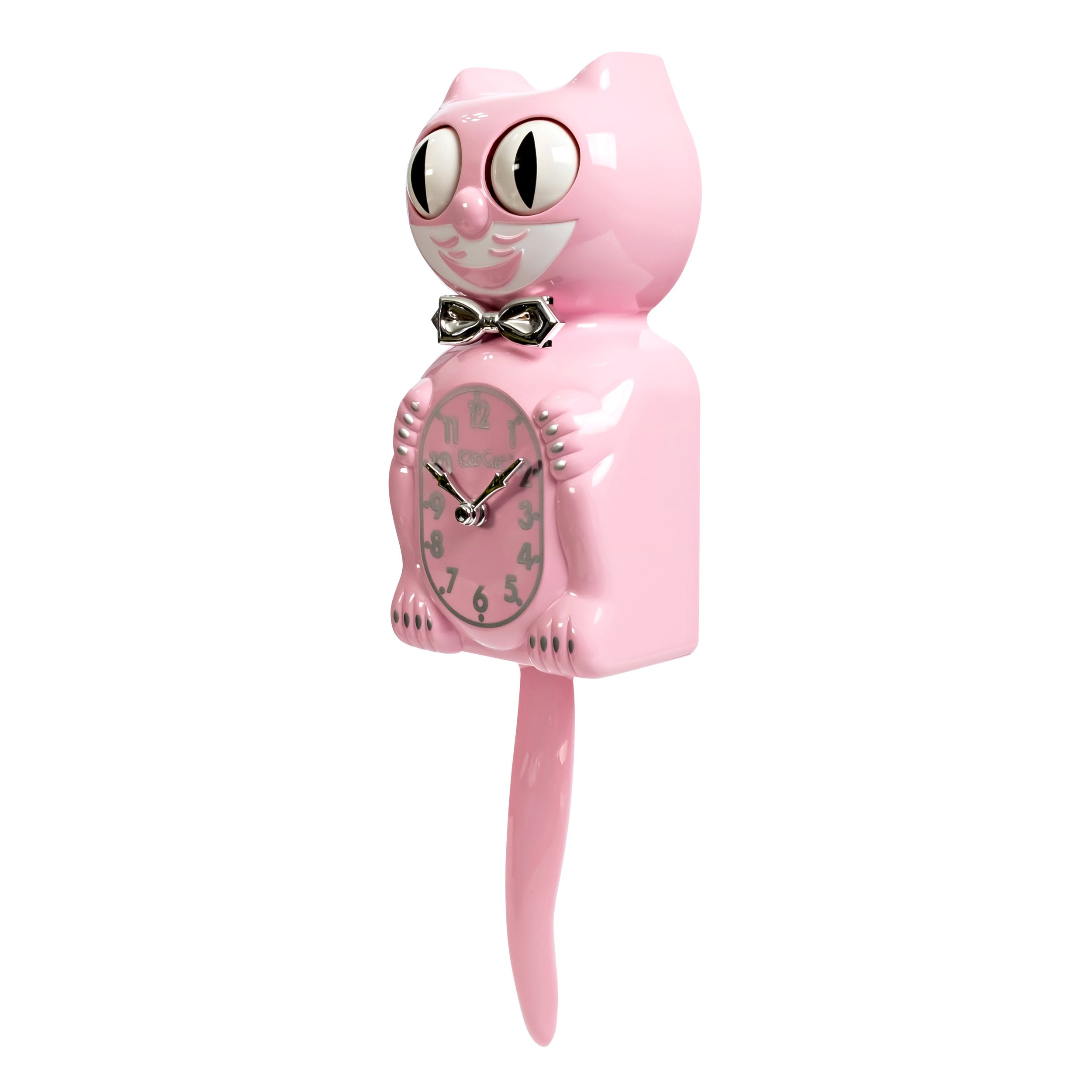 Retro Pink Kitchen Edition Kit-Cat Klock in soft pink with chrome bow tie, silver numbers, moving eyes and wagging tail, available at Goosebump Hong Kong.