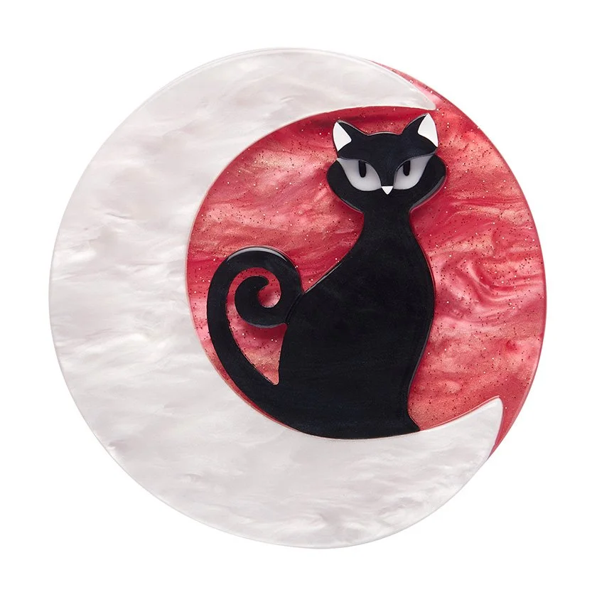 Cara the Halloween Kitty Brooch by Erstwilder, featuring a black cat on a crescent moon, hand-assembled from unique resins, available at Goosebump.live in Hong Kong