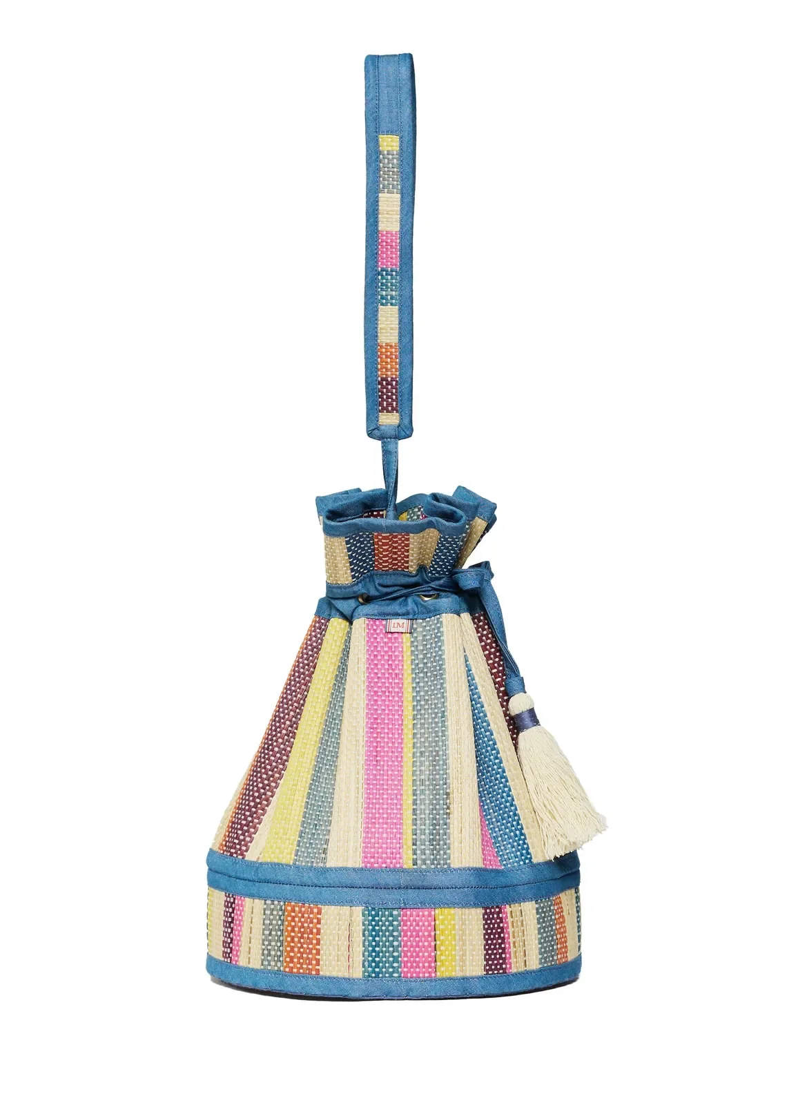 Back view of the Lorna Murray Nassau Midi Leisure Tote featuring vibrant handwoven natural grass fibres.
