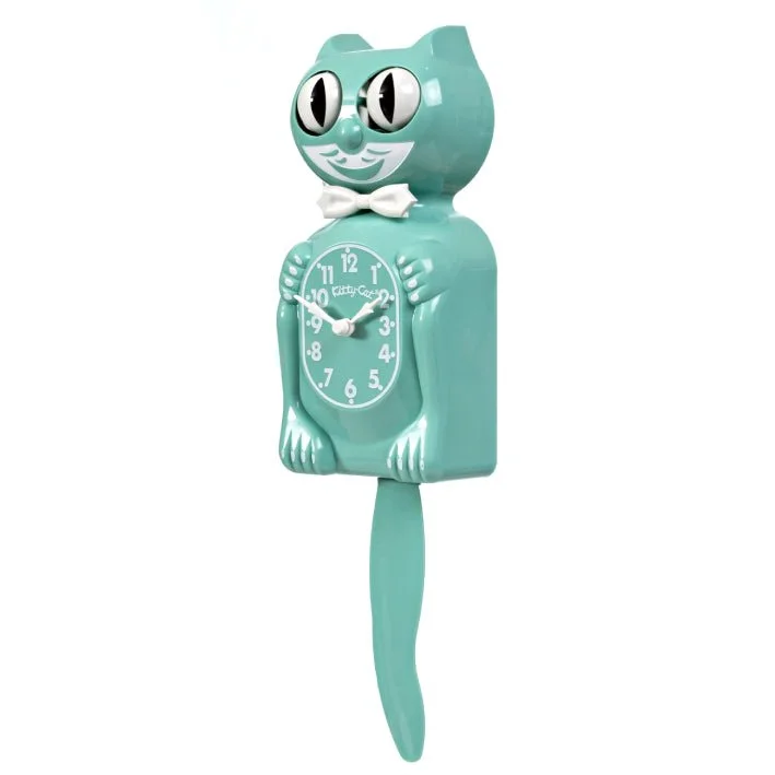Ocean Waves Kitty-Cat Klock 3/4 size retro wall clock in green-blue with moving eyes and wagging tail, available at Goosebump Hong Kong.