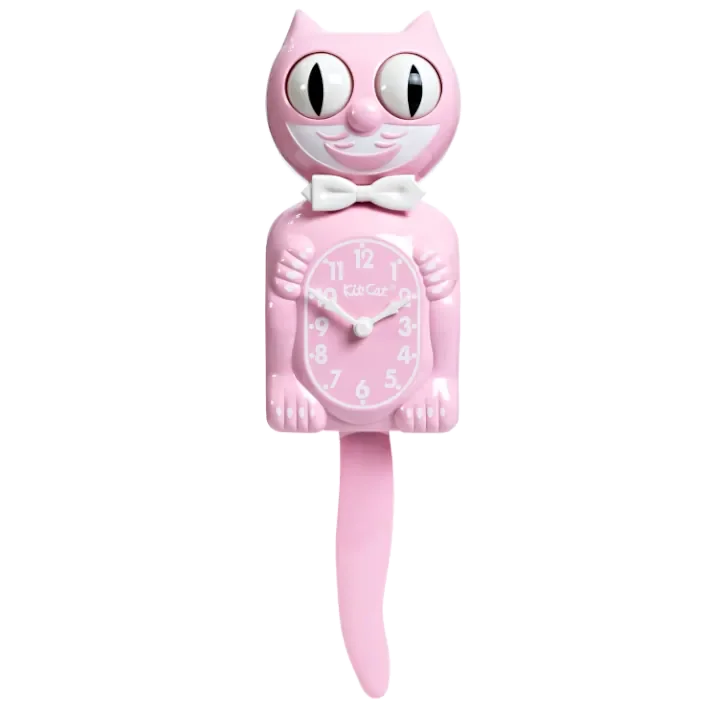 Bubblegum Pink Kit-Cat Klock in glossy pink with moving eyes and wagging tail, available at Goosebump Hong Kong.