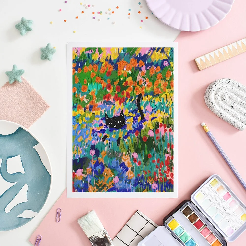 Cat in the Garden at Arles Print A4 by NIASKI, Van Gogh inspired cat wall art print for warm home decor and art lover gifts at Goosebump Hong Kong