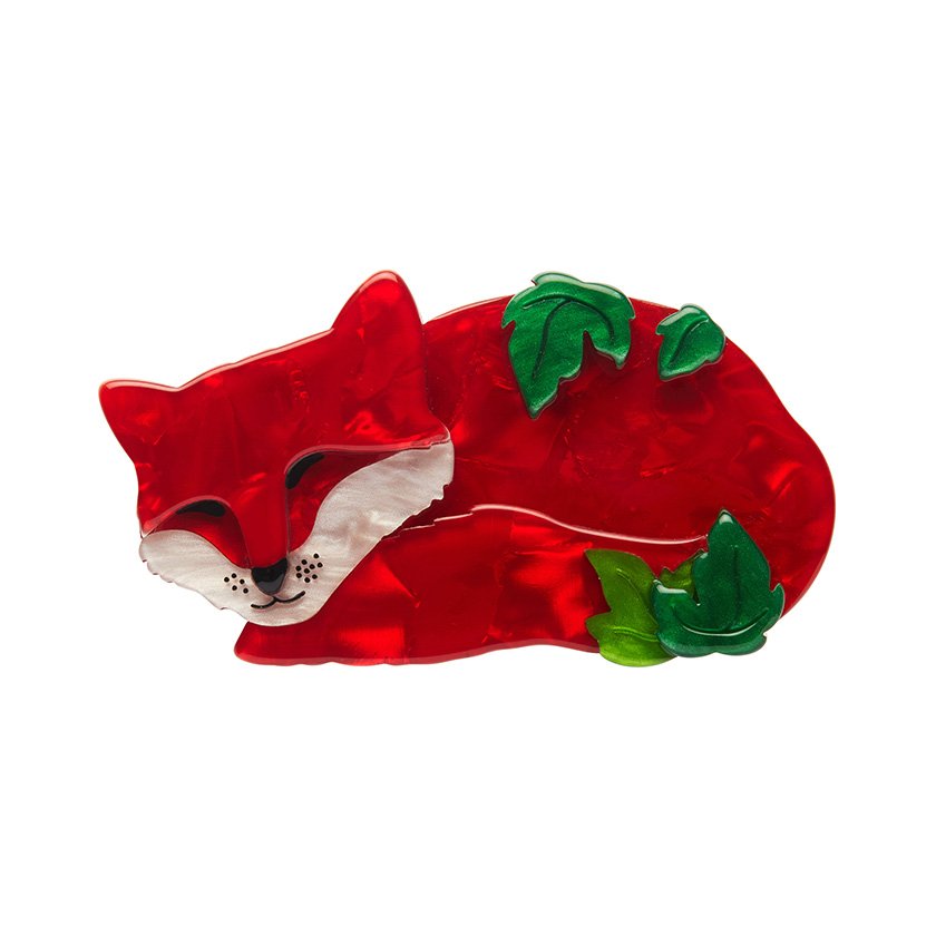 Snoozing Fox Brooch by Goosebump.live, handcrafted with sublime resins, featuring laser etching, available in Hong Kong.