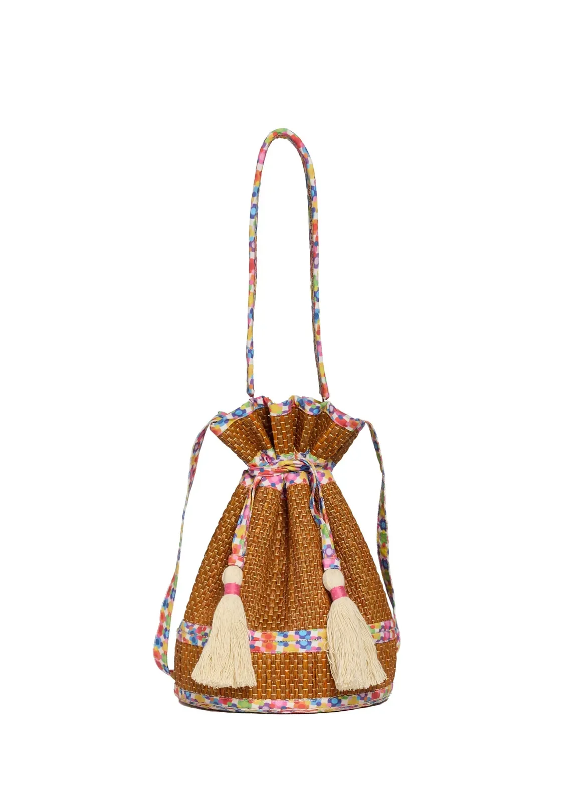 Lorna Murray Sun Speckles Afternoon Mini Leisure Tote front view in handwoven natural grass fibre with a drawstring closure.