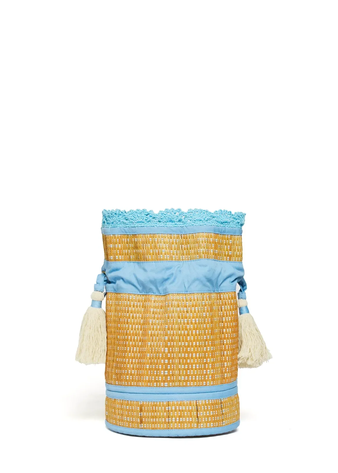 Back view of the Lorna Murray Sea Scape Garden Mini Leisure Tote featuring handcrafted natural grass fibre weaving and drawstring closure.