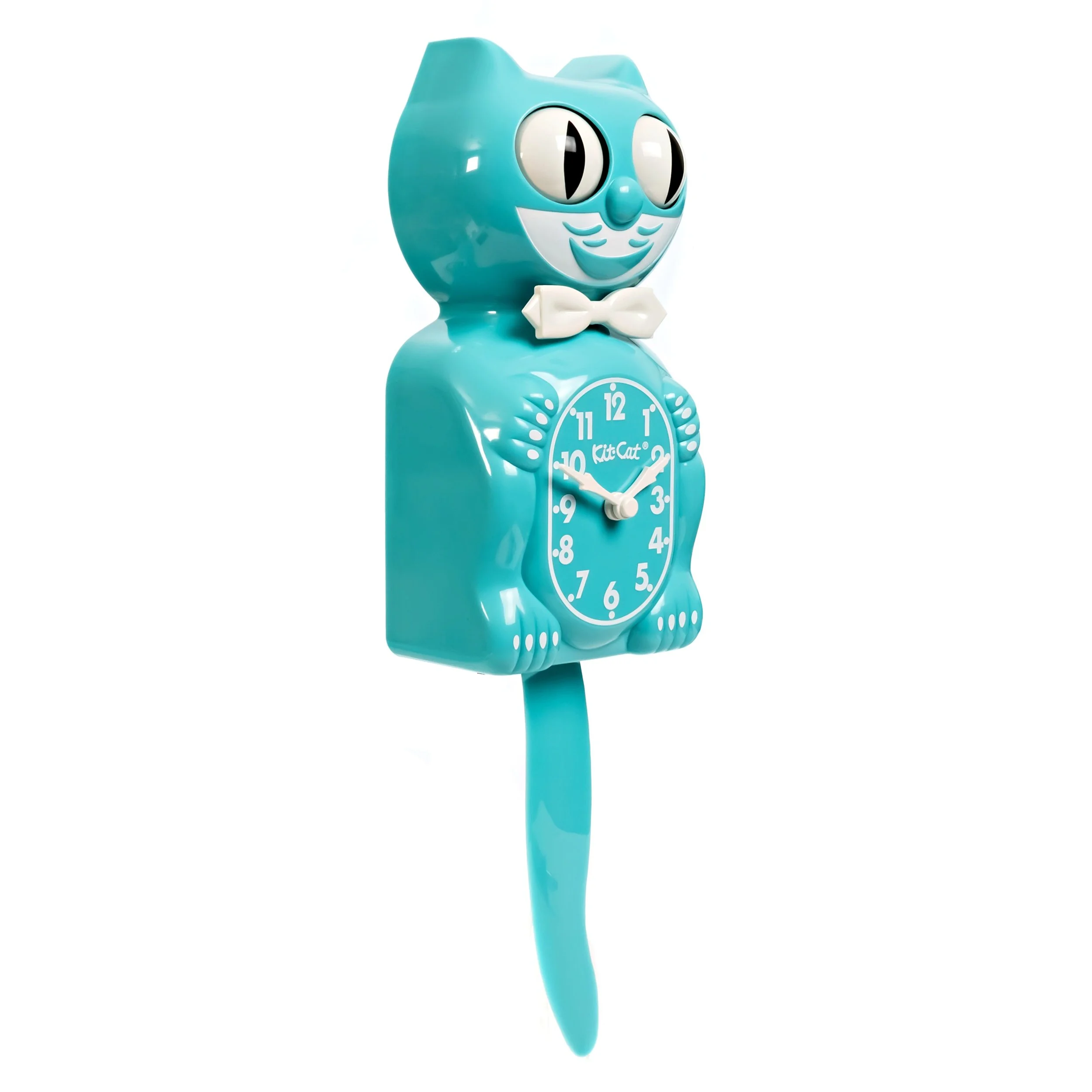 Vibrant Turquoise Kit-Cat Klock in bright blue-green with moving eyes and wagging tail, available at Goosebump Hong Kong.