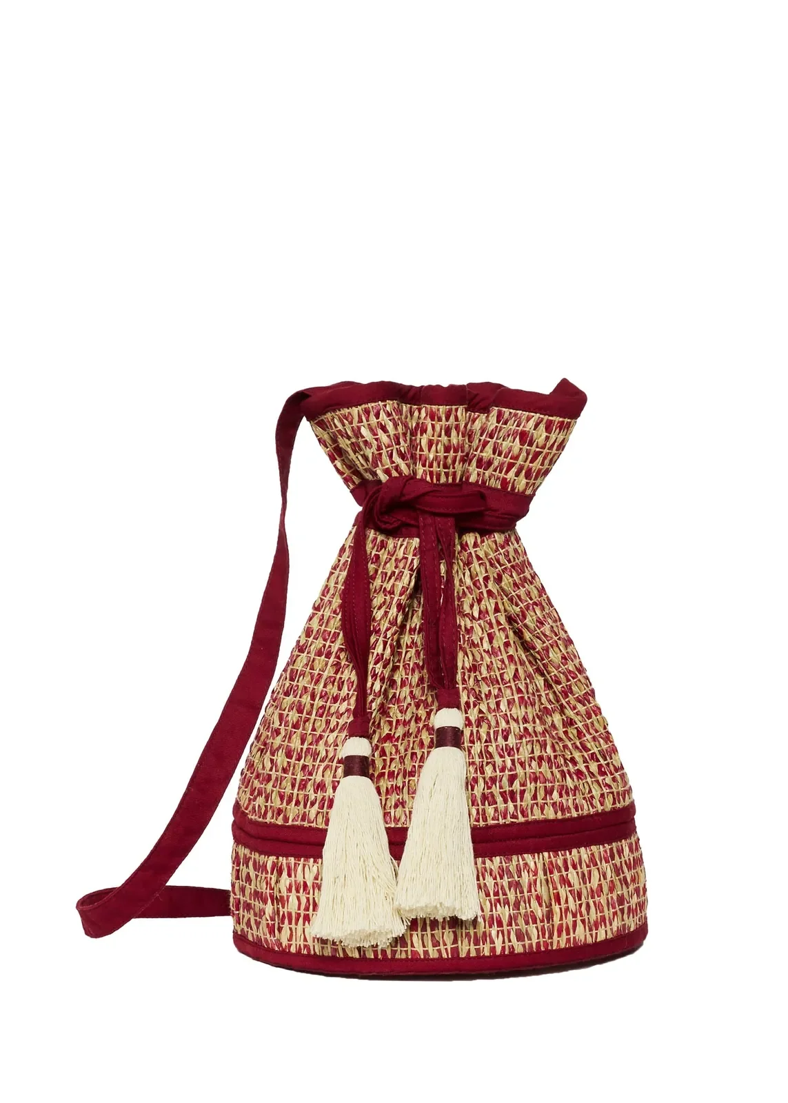 Front view of the Lorna Murray Bouquet Midi Leisure Tote highlighting its handcrafted woven construction and drawstring silhouette.