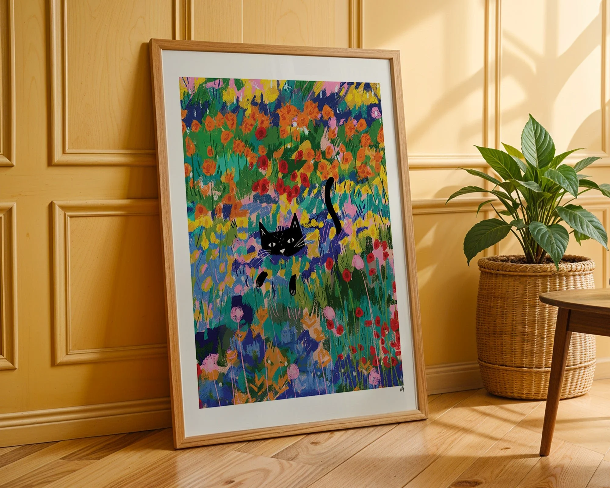 Cat in the Garden at Arles Print A4 by NIASKI, Van Gogh inspired cat wall art print for warm home decor and art lover gifts at Goosebump Hong Kong