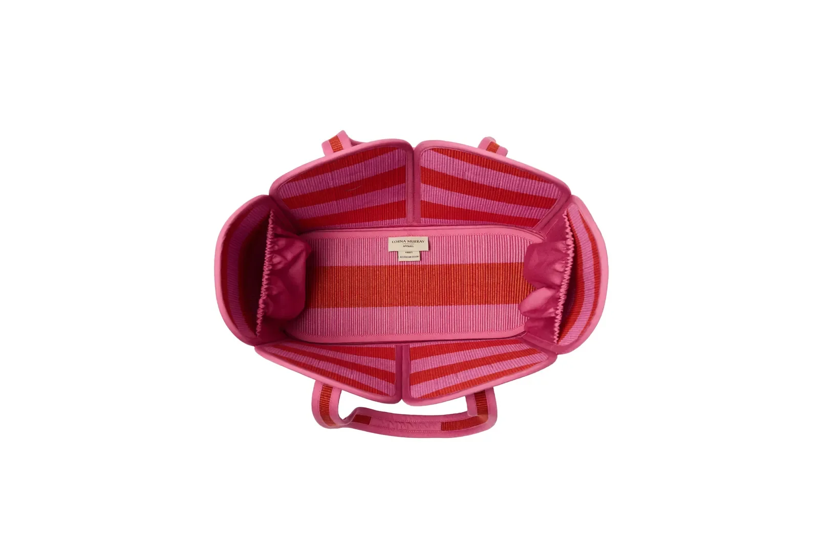 Top view of the Lorna Murray Berry Bomb Vacation Tote showing the spacious interior, scalloped edge and side pockets.