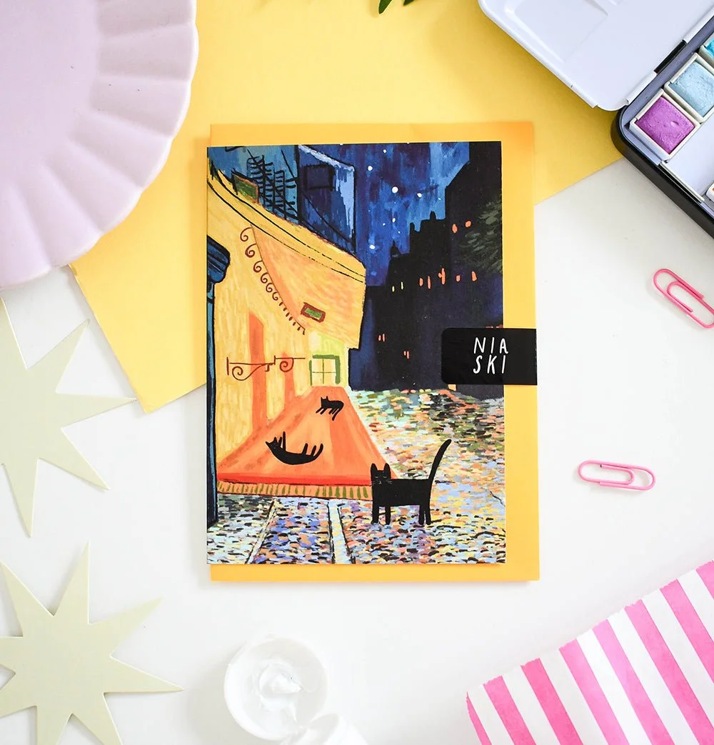 Cat's on the terrace at night cat card by NIASKI, colourful Van Gogh inspired cat greeting card and small gift for cat lovers at Goosebump Hong Kong