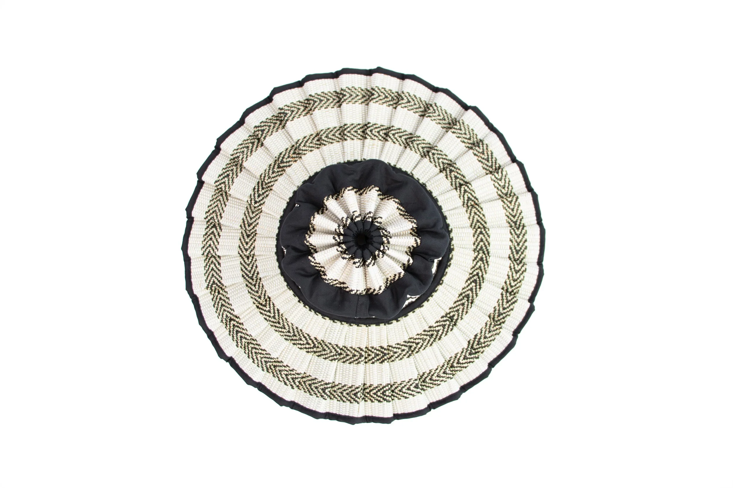 Kaimu Island Capri Hat – handwoven collapsible midi-brim sun hat with bold black-and-white diagonal stripes, available at Goosebump Hong Kong.