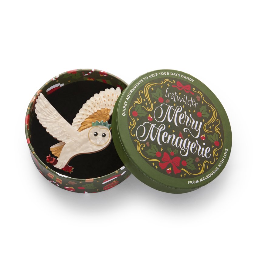 Erstwilder Otto the Owl Brooch — layered resin owl with warm, watchful eyes, soft feather details, limited edition at Goosebump Hong Kong.