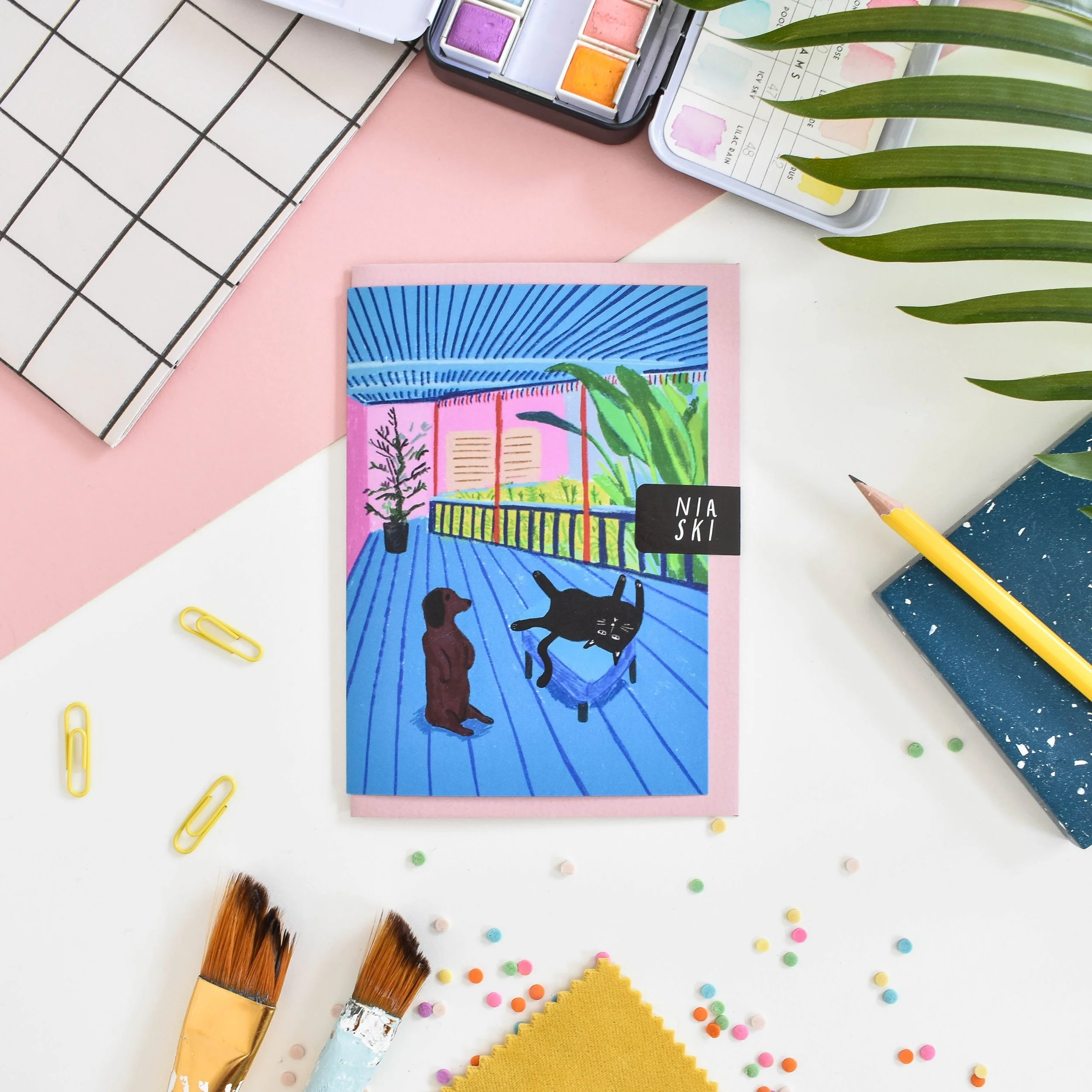 Hockney's Dog and Cat Card by NIASKI, colourful art-inspired pet greeting card and small gift for cat lovers and dog lovers at Goosebump Hong Kong