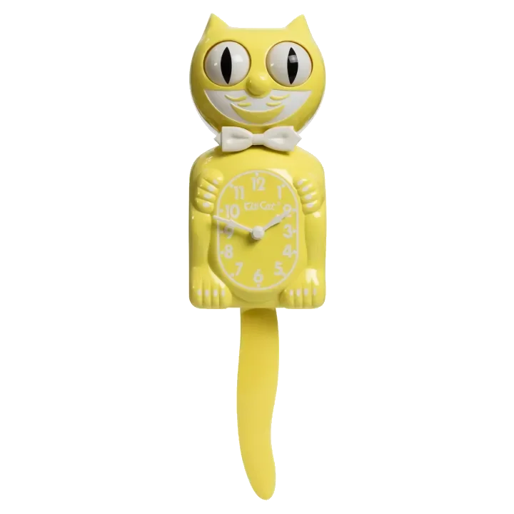 Spring Daffodil Yellow Kit-Cat Klock in bright yellow with moving eyes and wagging tail, available at Goosebump Hong Kong.