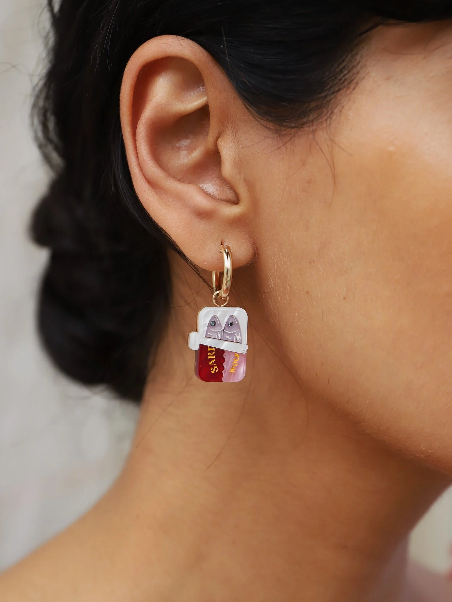 Wolf & Moon Sardine Hoops with sardine tin-inspired acrylic charms, crystal details and gold-filled hoop earrings.