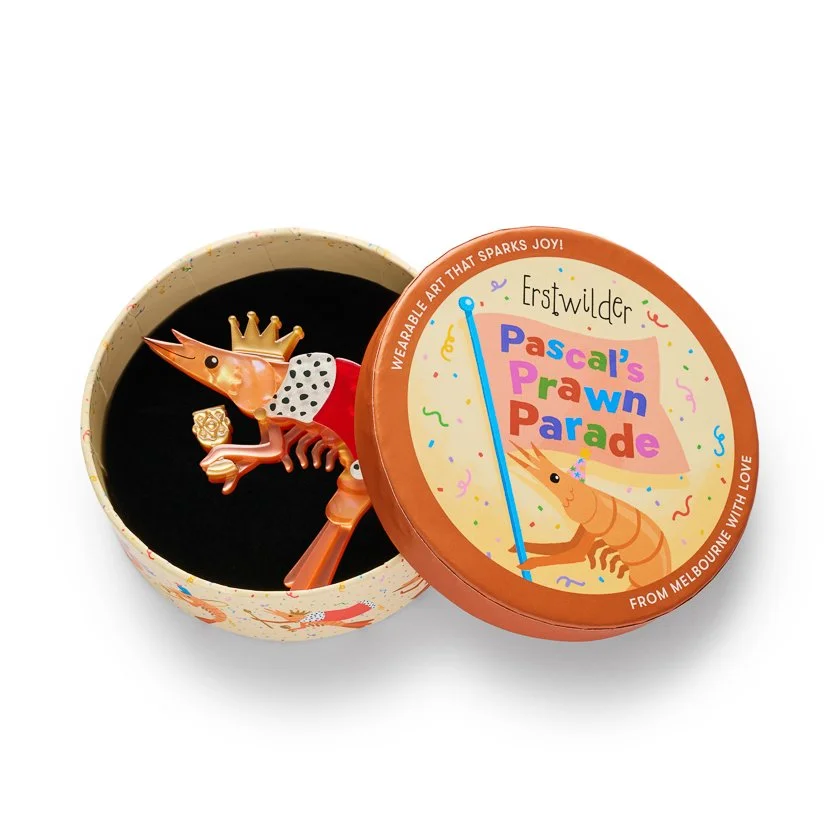 Erstwilder Pascal the King Prawn Brooch featuring an orange prawn wearing a crown and red royal robe