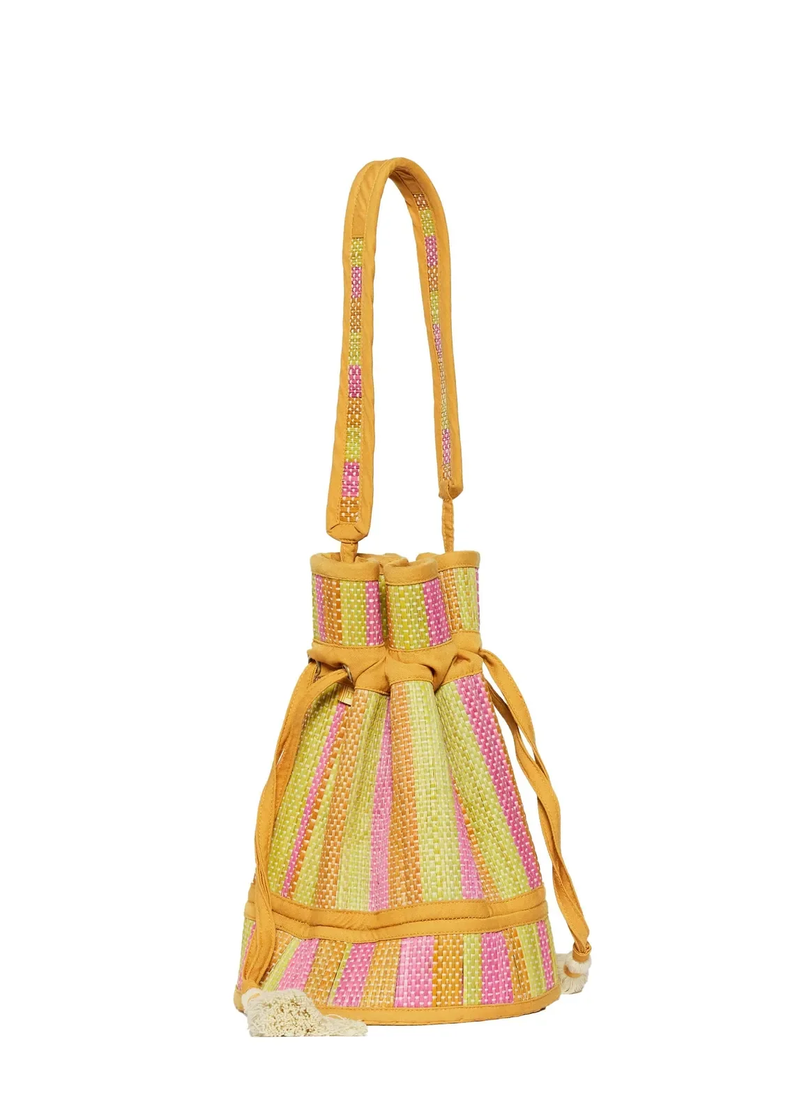 Lorna Murray Bird of Paradise Mini Leisure Tote front view in handwoven natural grass fibres with a drawstring closure.