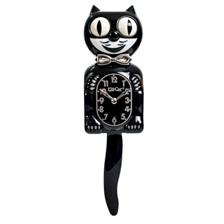 Retro Black Kitchen Edition Kit-Cat Klock in glossy black with chrome bow tie, silver numbers, moving eyes and wagging tail, available at Goosebump Hong Kong.