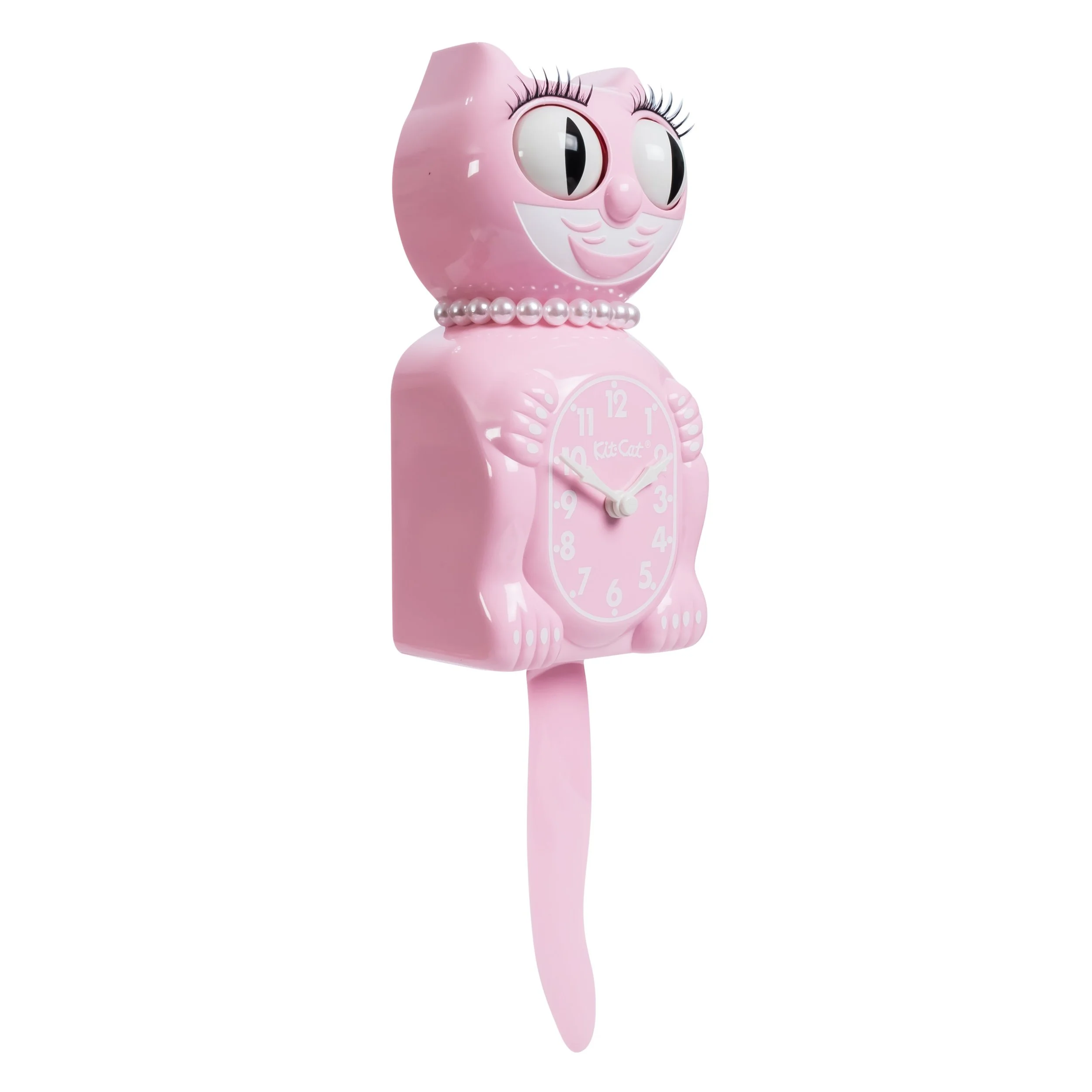 Bubblegum Pink Kit-Cat Klock in glossy pink with moving eyes and wagging tail, available at Goosebump Hong Kong.