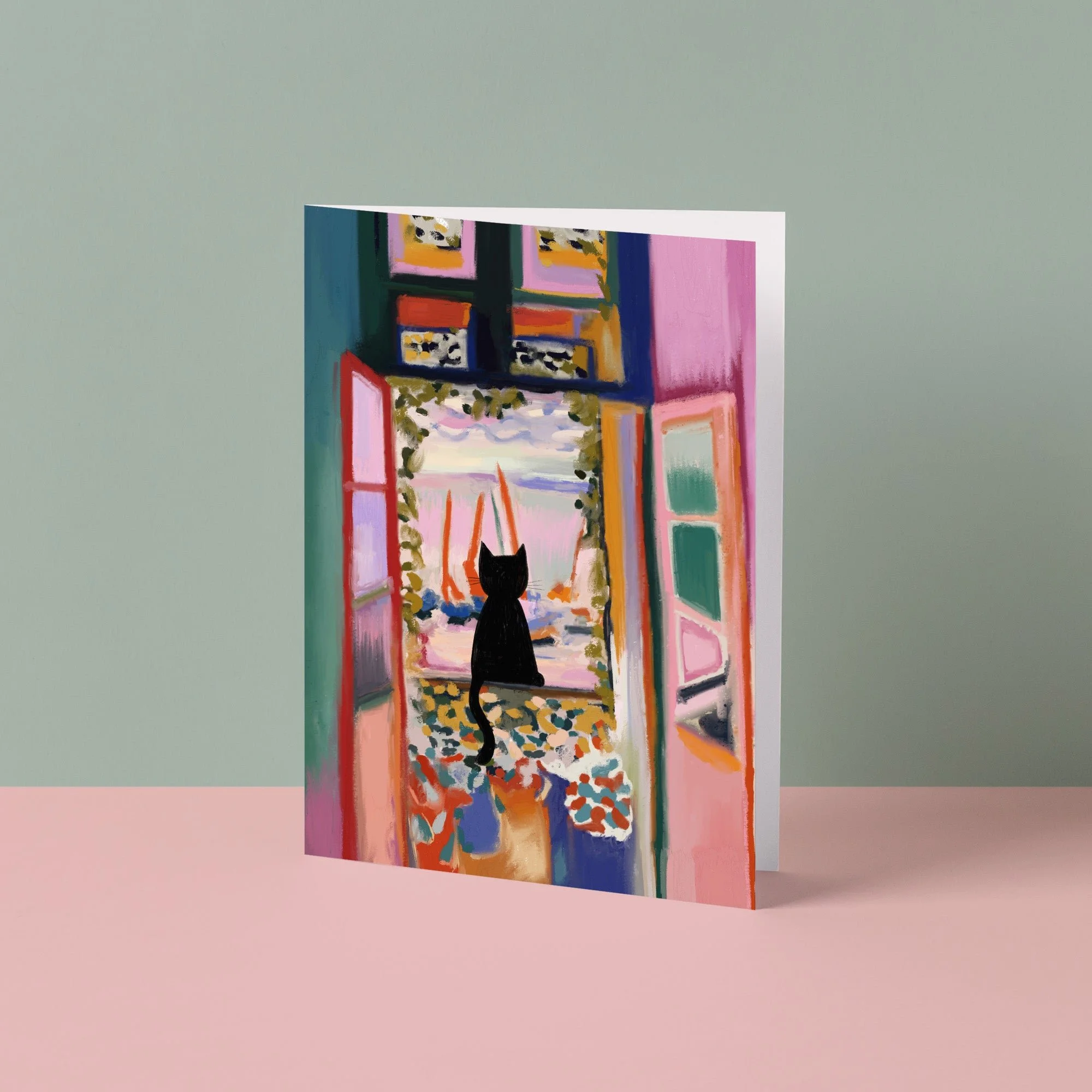 Catisse in the window cat Card by NIASKI, colourful art-inspired cat greeting card and small gift for cat lovers at Goosebump Hong Kong