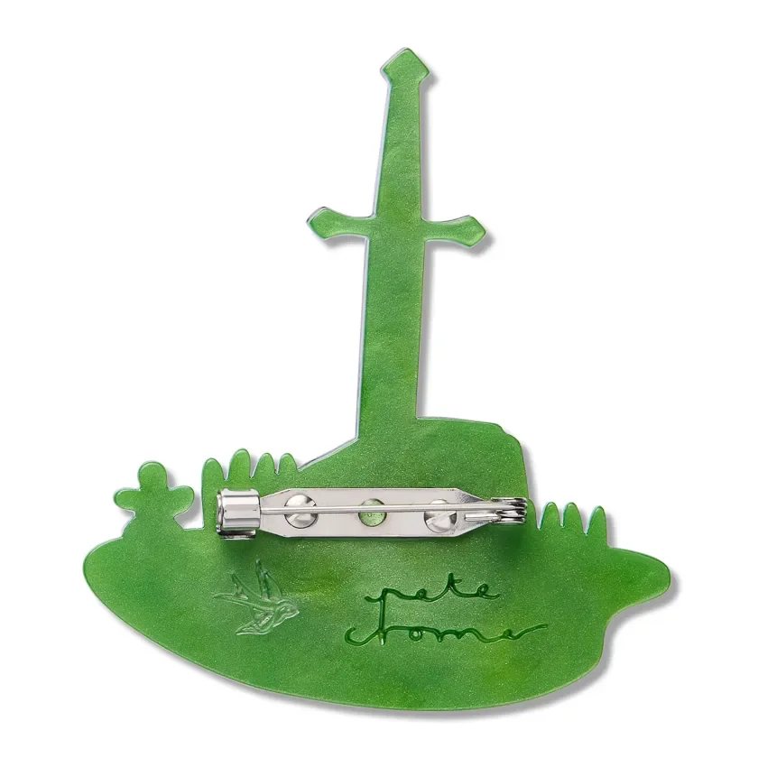 Erstwilder Once and Future Brooch from the Pete Cromer Fairy Tales Part 2 collection, a colourful sword-in-the-stone inspired resin brooch for thoughtful gifting.