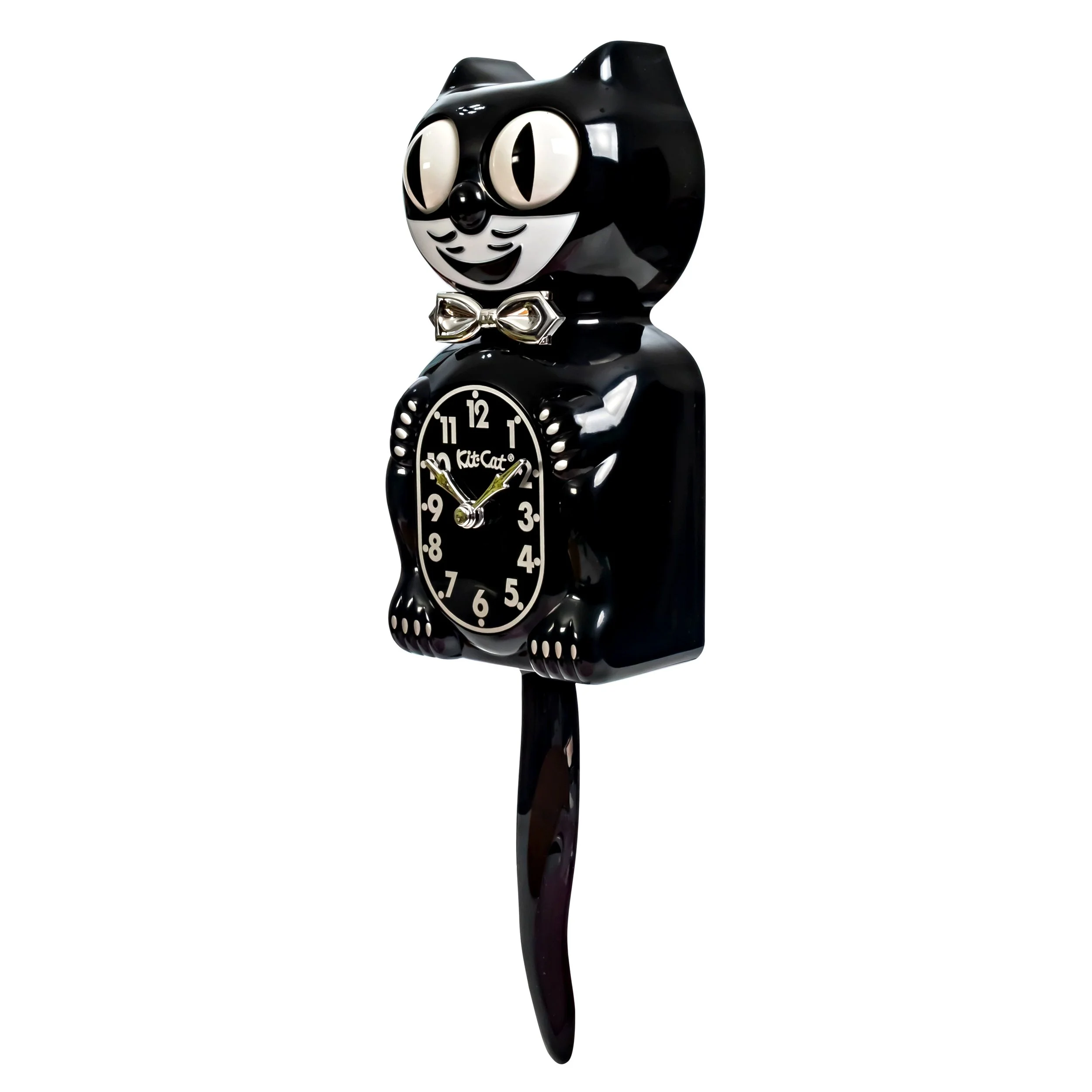 Retro Black Kitchen Edition Kit-Cat Klock in glossy black with chrome bow tie, silver numbers, moving eyes and wagging tail, available at Goosebump Hong Kong.