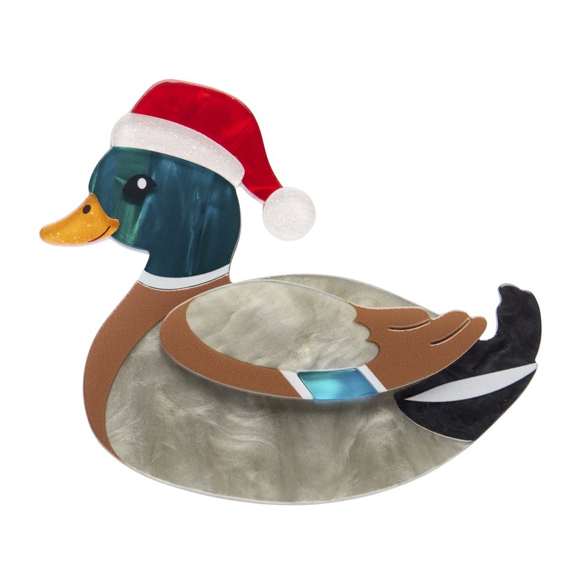 Erstwilder Daphne the Duck Christmas brooch with Santa hat and marbled feathers. Limited small-batch festive gift exclusive in Hong Kong at Goosebump.