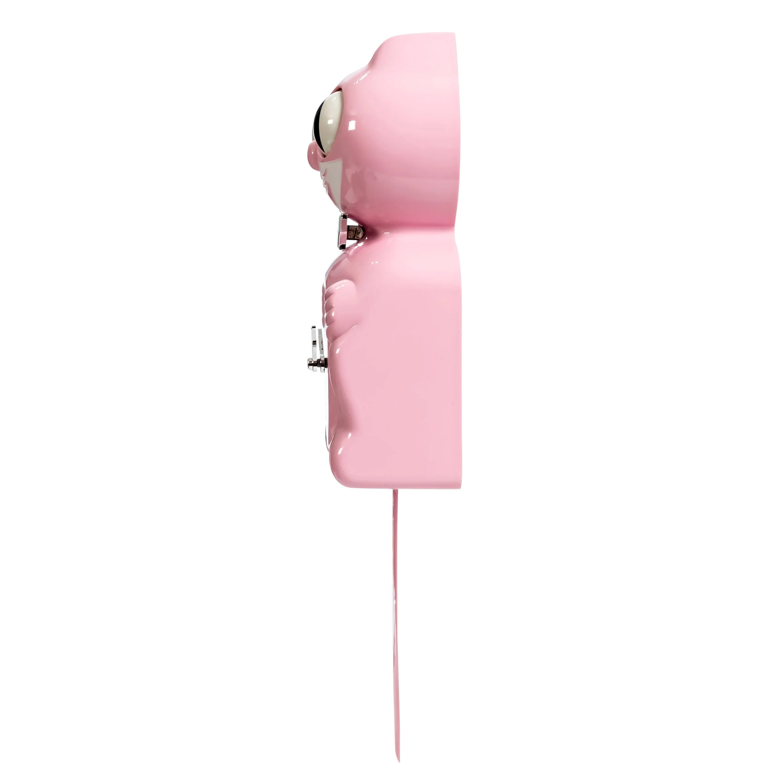 Retro Pink Kitchen Edition Kit-Cat Klock in soft pink with chrome bow tie, silver numbers, moving eyes and wagging tail, available at Goosebump Hong Kong.
