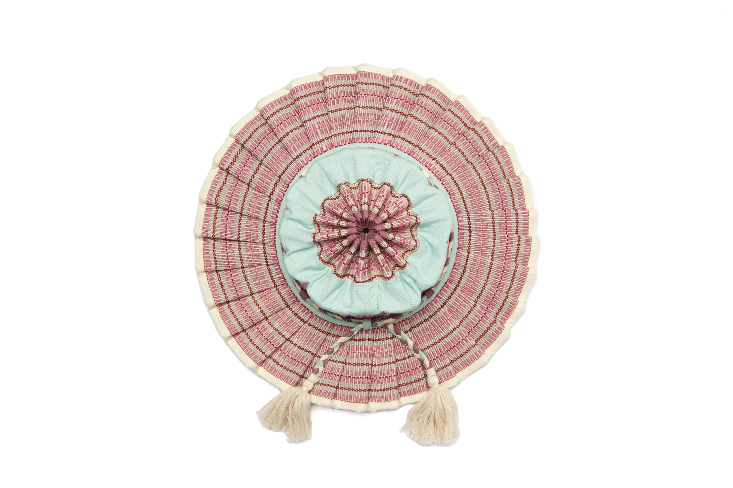 Top view of the Lorna Murray Procida Island Florence Hat highlighting the circular woven crown, pleated brim and artisan craftsmanship.
