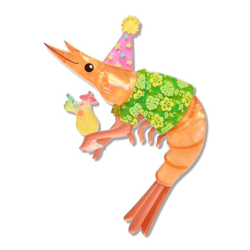 Erstwilder Pascal the Party Prawn Brooch featuring Pascal dressed for a party with a colourful hat and drink