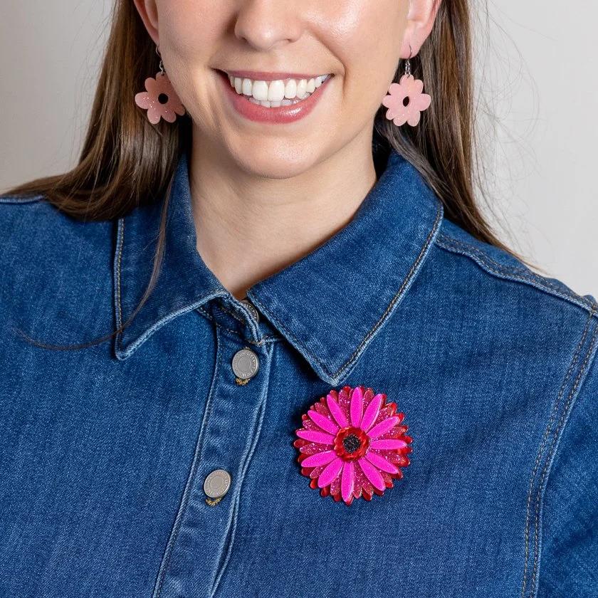 Erstwilder Sunshine of Life Gerbera Brooch featuring a layered gerbera flower design in warm yellow and red tones.
