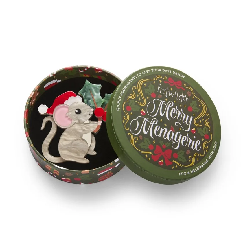 Erstwilder Milly the Mouse Brooch with Santa hat and holly, festive resin pin for cute Christmas outfits, available at Goosebump Hong Kong