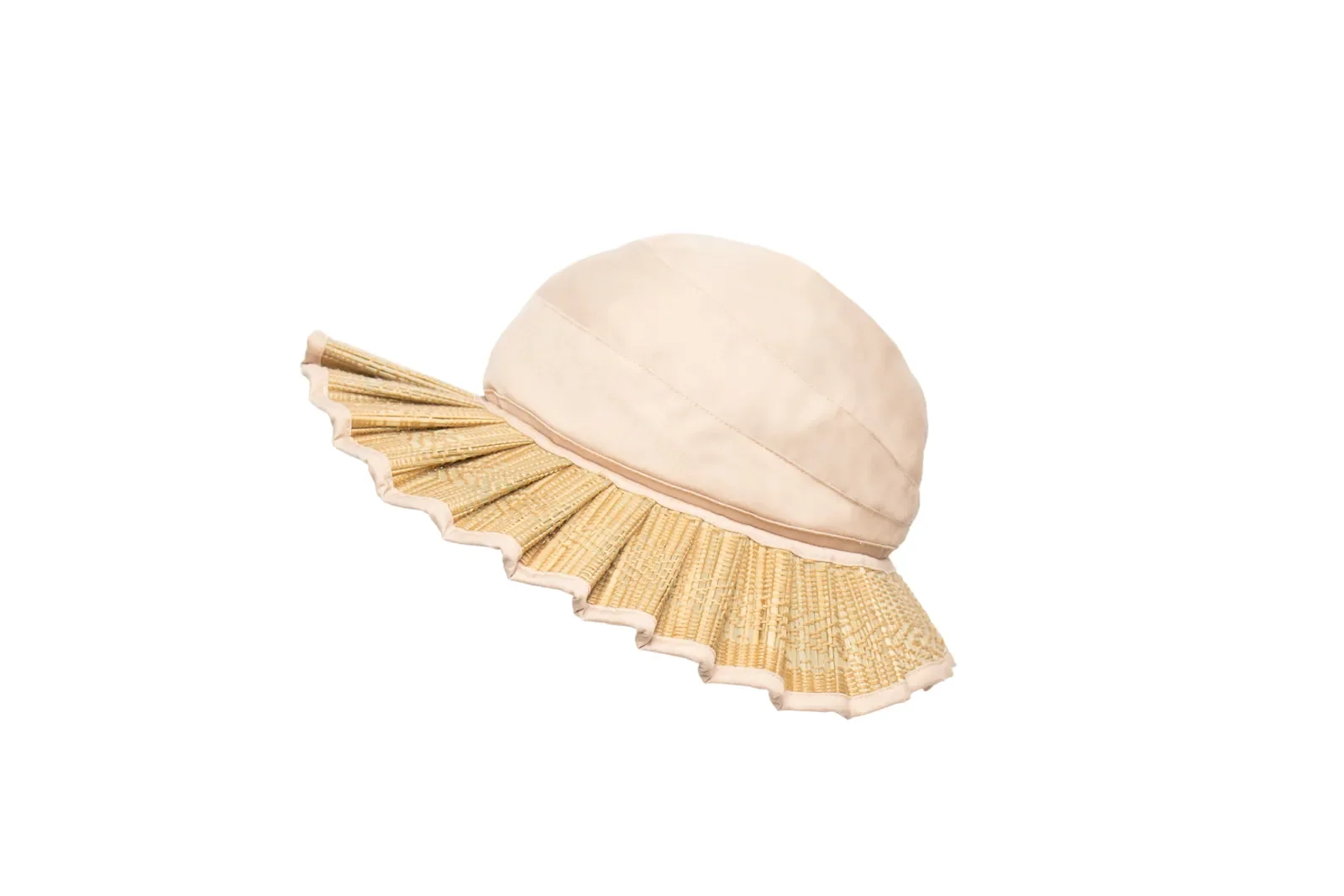Side profile of the Lorna Murray Sumatra Oasis Hat showcasing its soft fabric-covered crown and pleated brim.