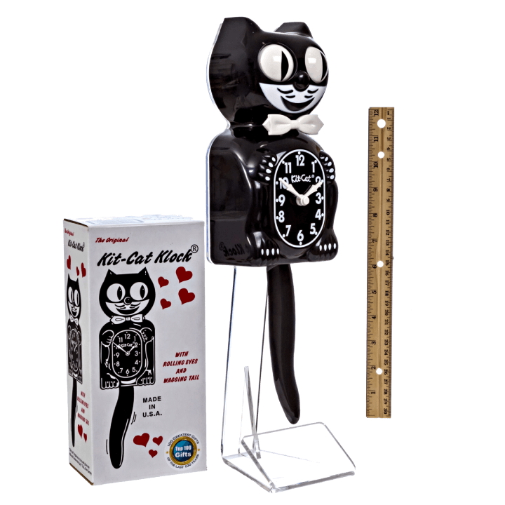 Classic Black Kit-Cat Klock retro wall clock with white bow tie, moving eyes and wagging tail, available at Goosebump Hong Kong.