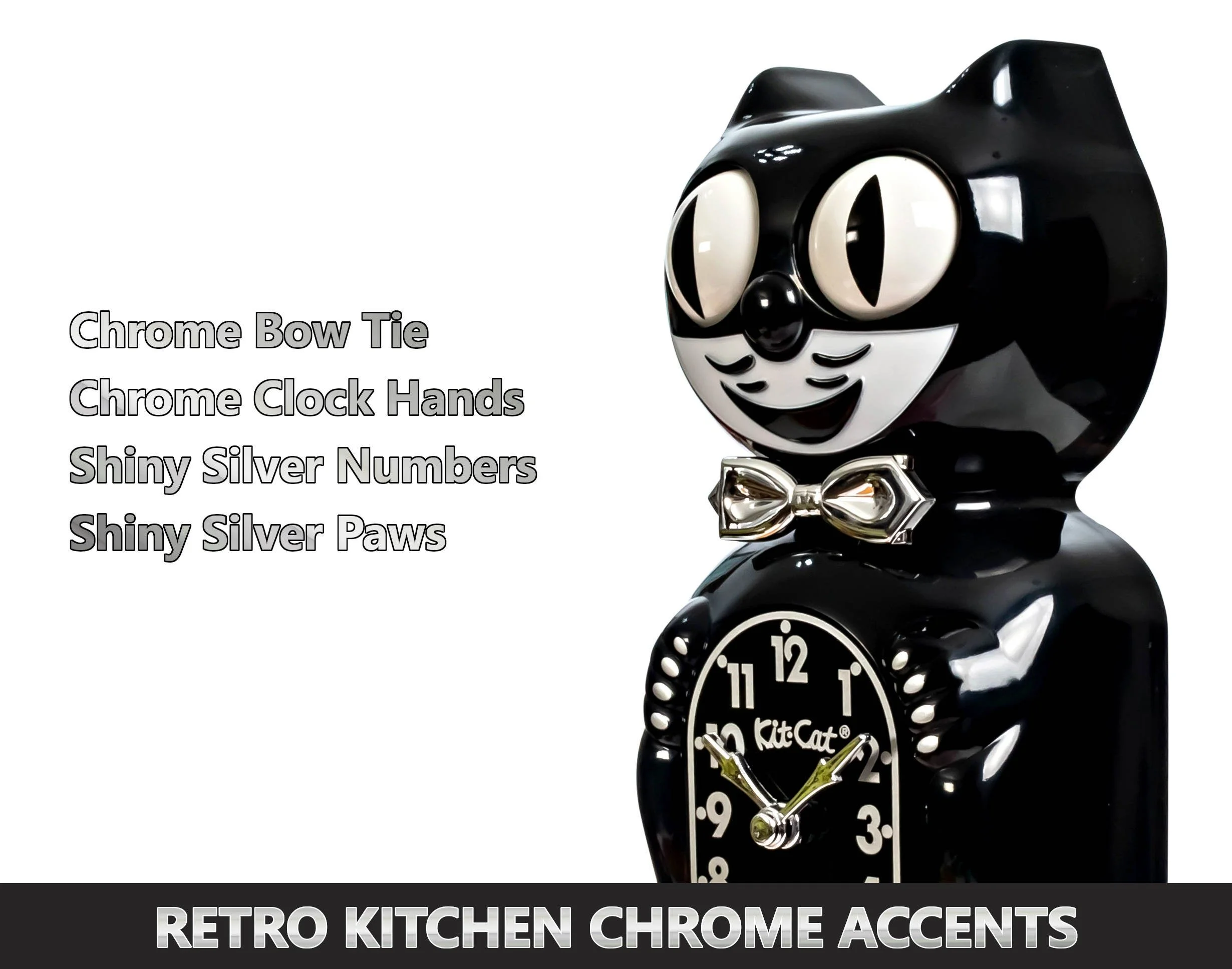 Retro Black Kitchen Edition Kit-Cat Klock in glossy black with chrome bow tie, silver numbers, moving eyes and wagging tail, available at Goosebump Hong Kong.