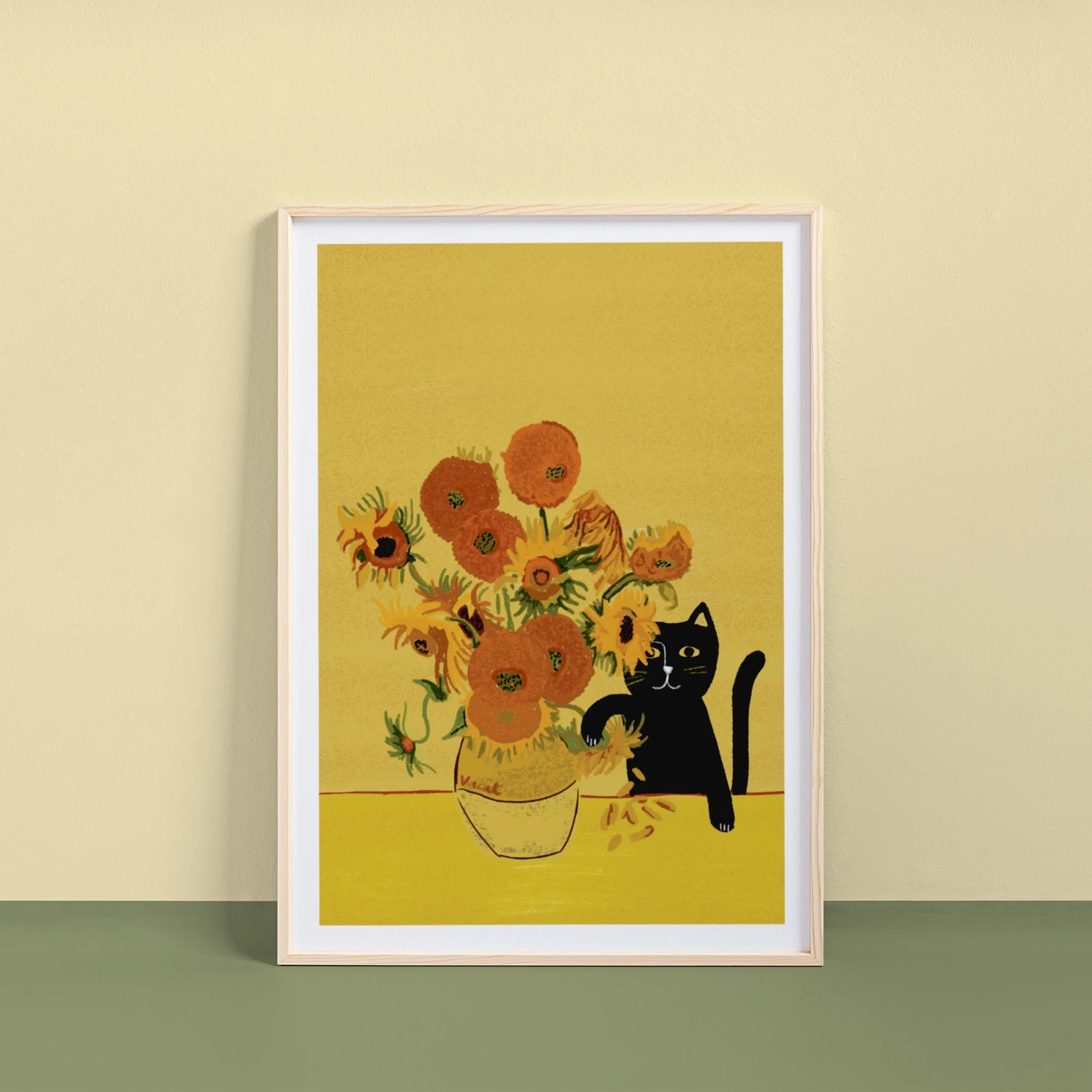 Sunflower Vase Cat Art Print A4 by NIASKI, Van Gogh inspired sunflower cat wall art print for cheerful home decor and art lover gifts at Goosebump Hong Kong