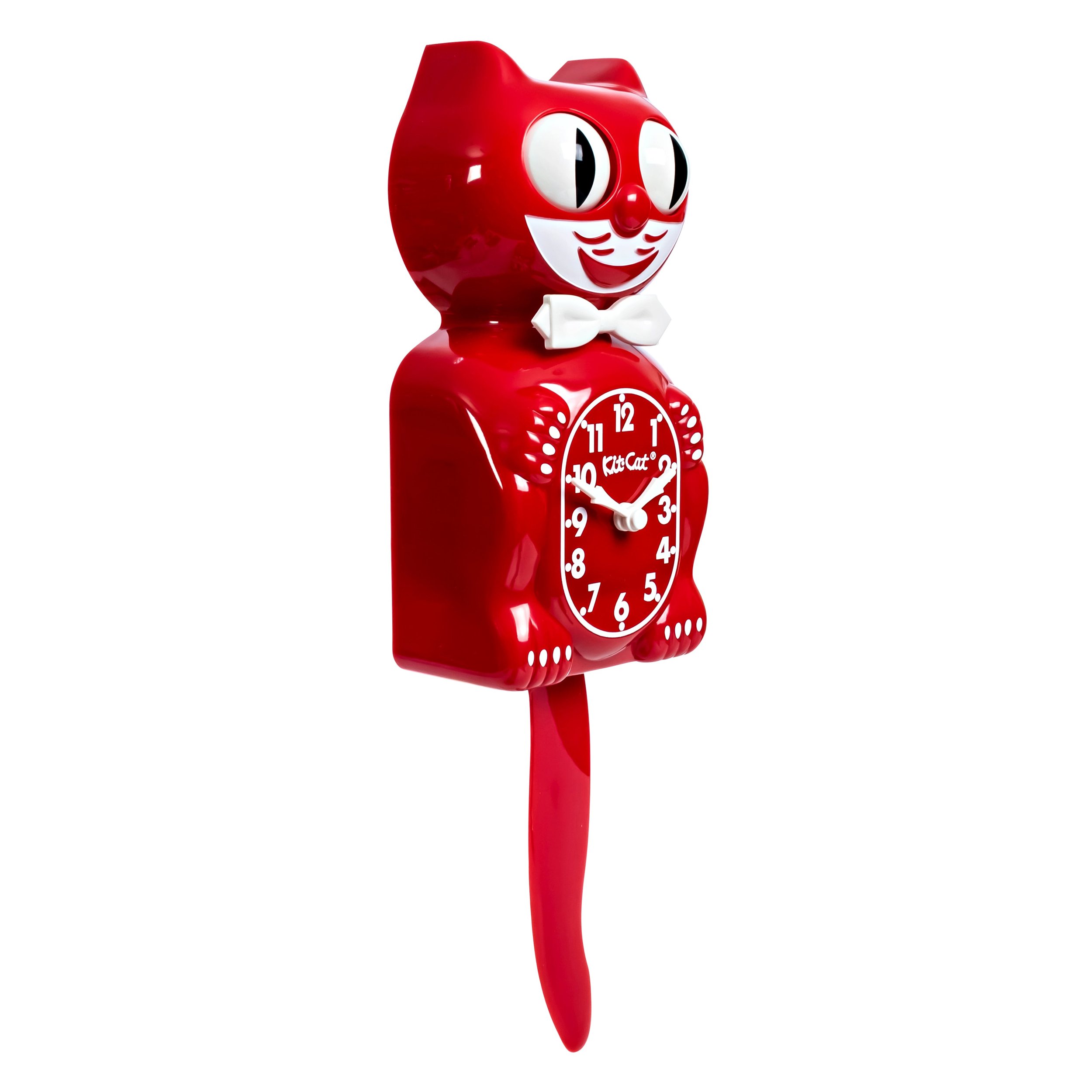 Classic Red Kit-Cat Klock in glossy red with white details, moving eyes and wagging tail, available at Goosebump Hong Kong.