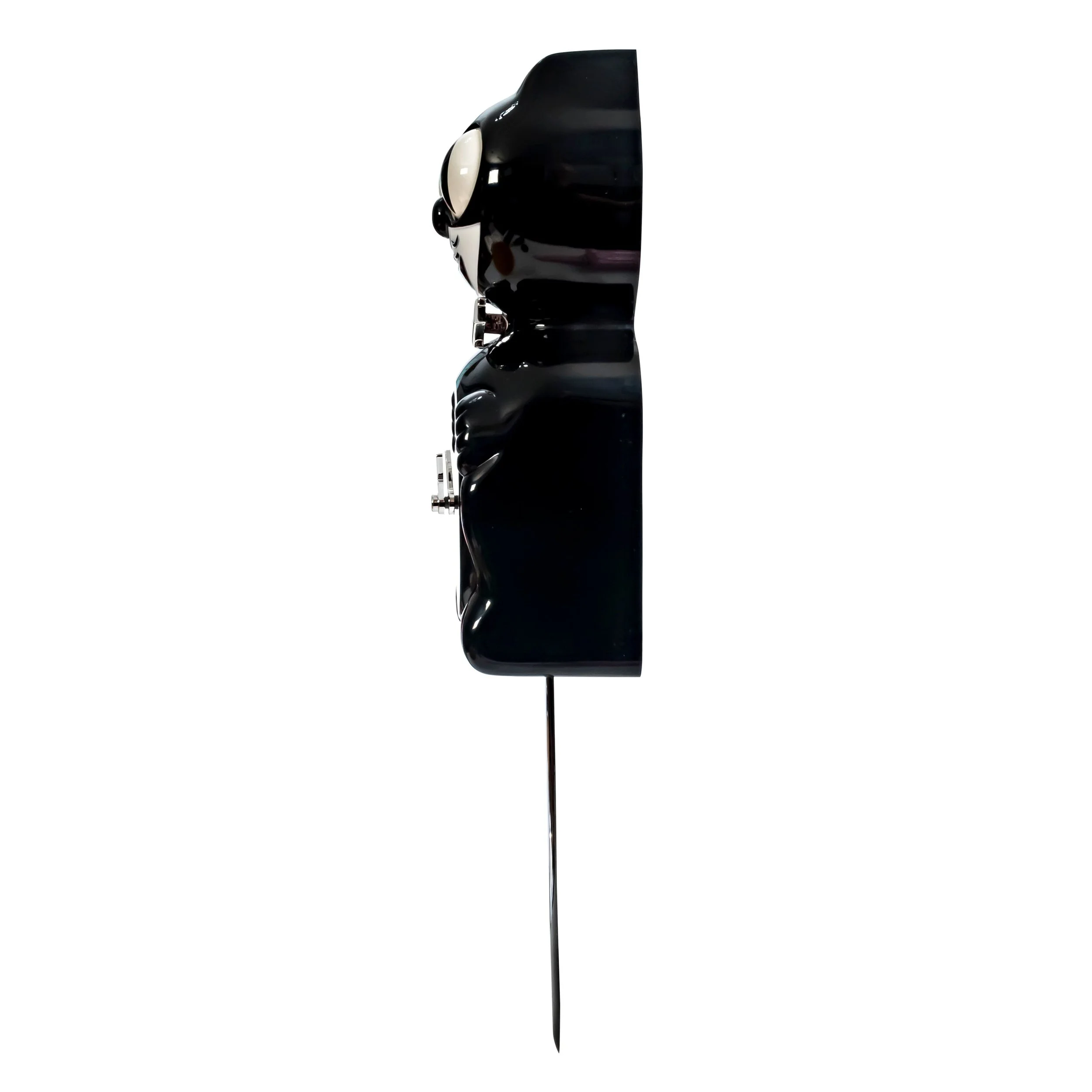 Retro Black Kitchen Edition Kit-Cat Klock in glossy black with chrome bow tie, silver numbers, moving eyes and wagging tail, available at Goosebump Hong Kong.