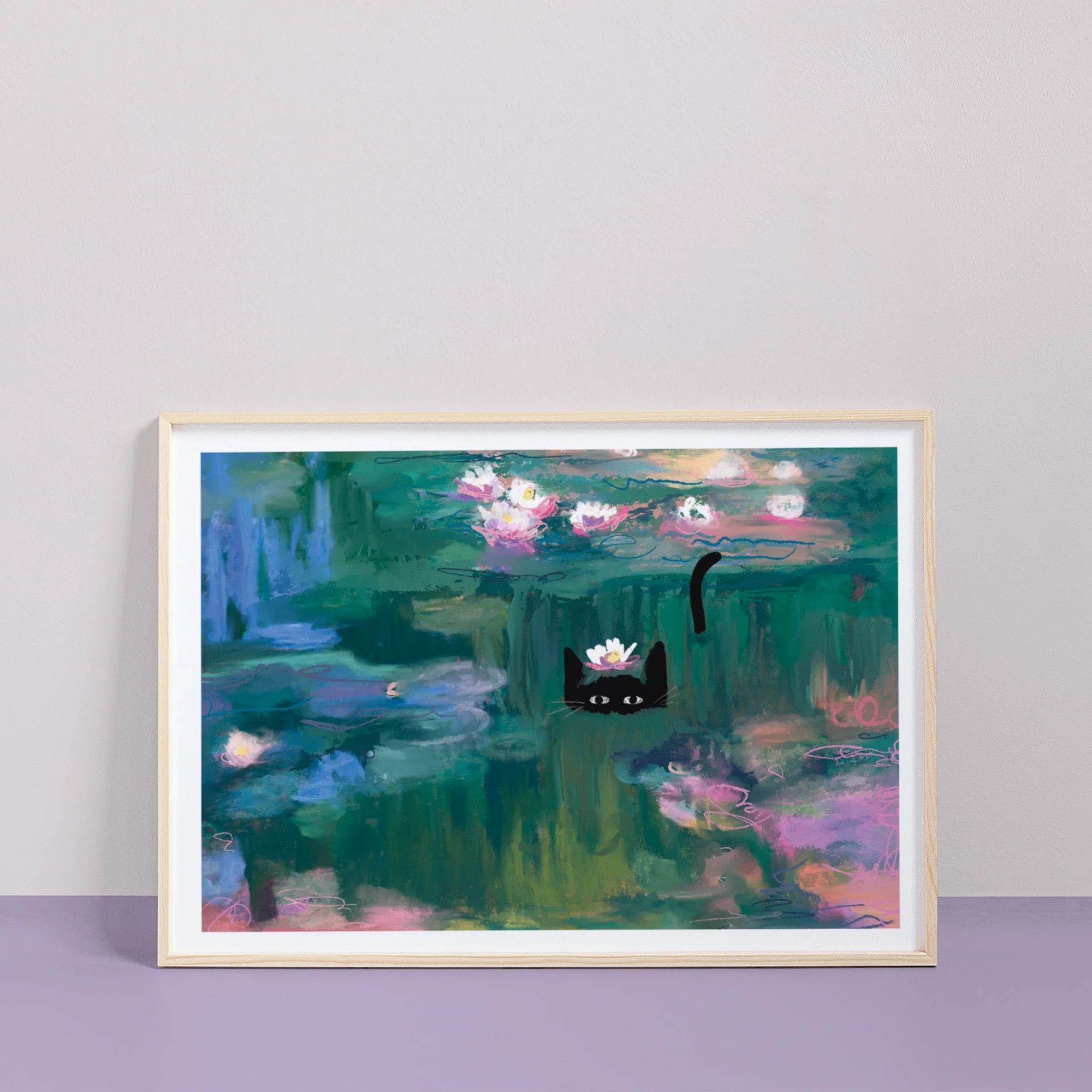 Clawed Monet Waterlily Cat Print A4 by NIASKI, Monet inspired cat wall art print for calm home decor and art lover gifts at Goosebump Hong Kong