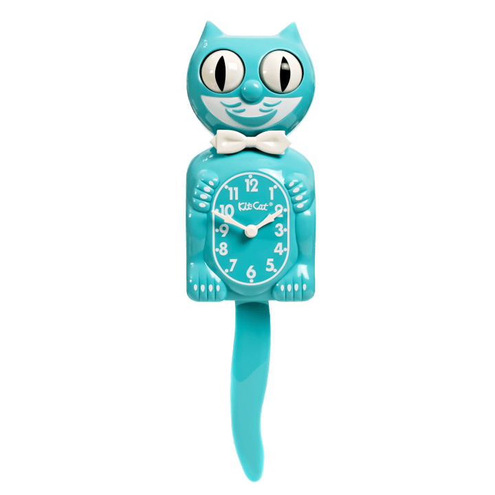 Vibrant Turquoise Kit-Cat Klock in bright blue-green with moving eyes and wagging tail, available at Goosebump Hong Kong.