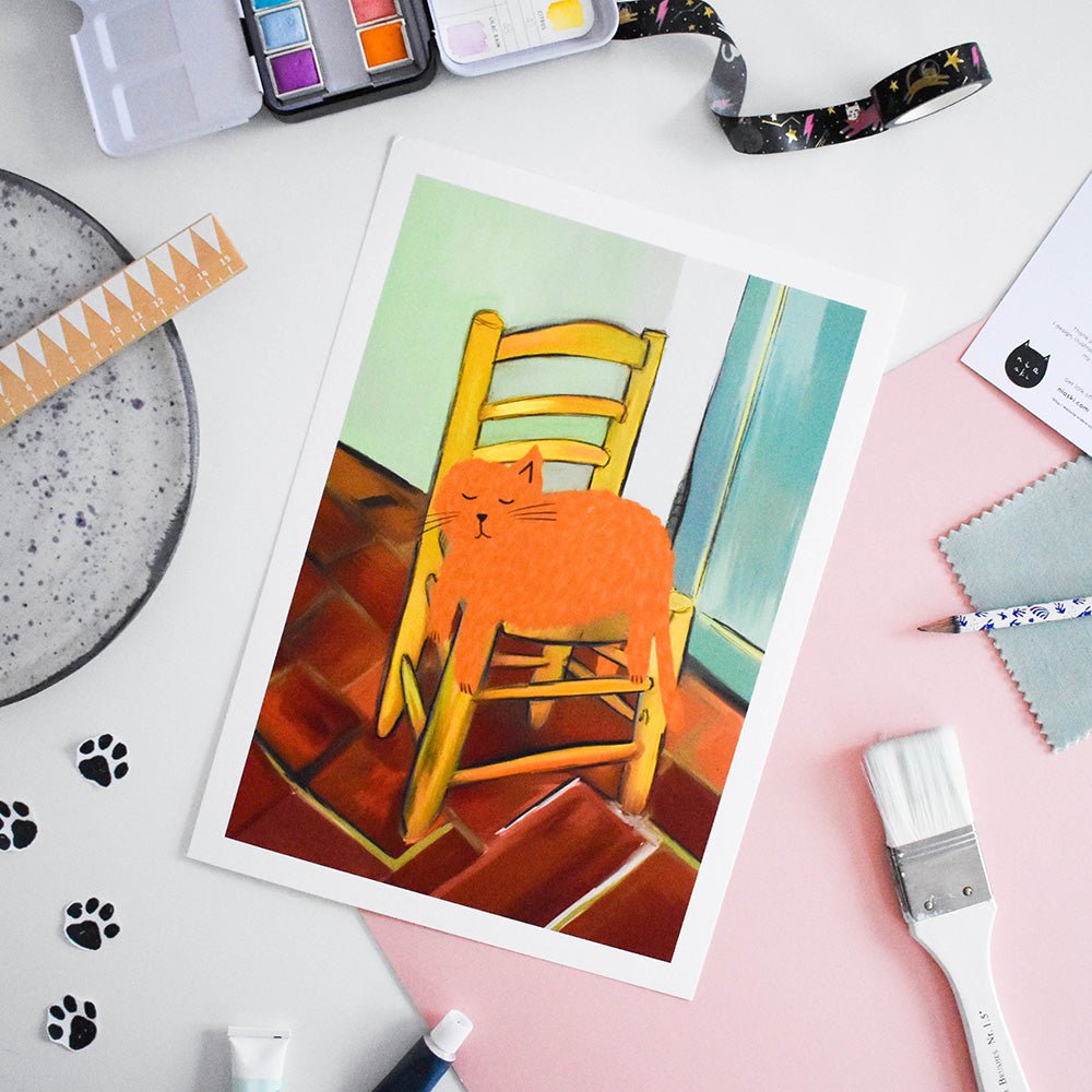 Vincat's Cat Chair print A4 by NIASKI, Van Gogh inspired cat wall art print for home decor and art lover gifts at Goosebump Hong Kong